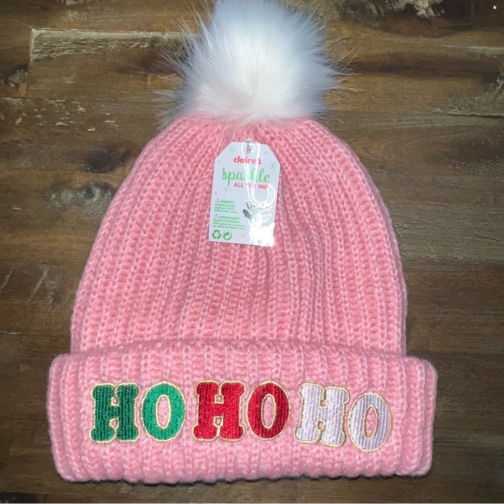 Claire’s light pink knit beanie hat with Christmas embroidery “HO HO HO”